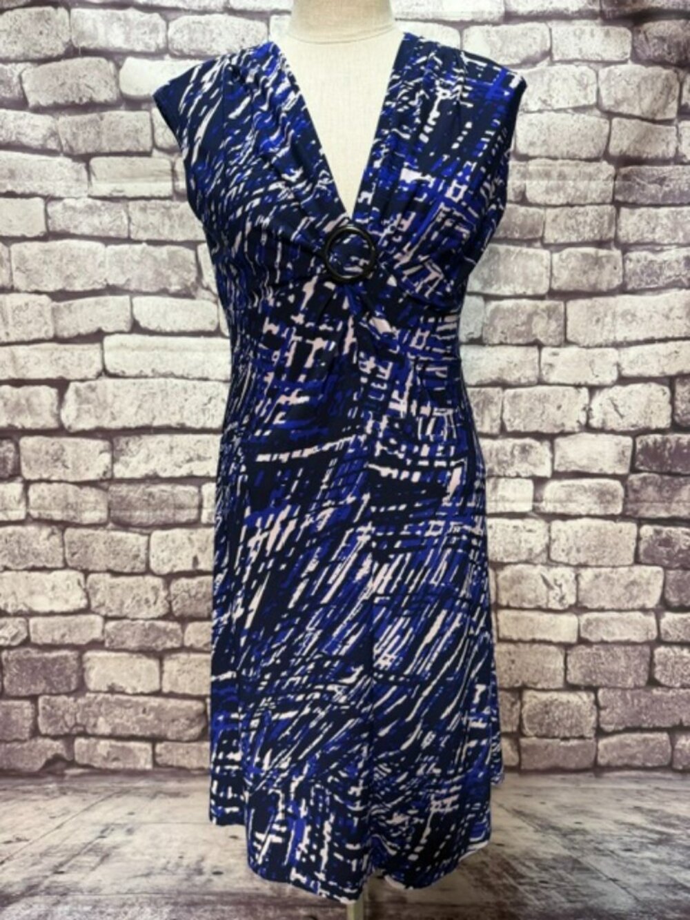 Chaps Blue, White & Black V-Neck Dress Size M